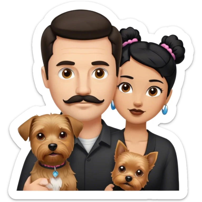 Tall white man with dark hair mustache goatee, and short woman with black hair bun, and a yorkshire terrier dog sticker