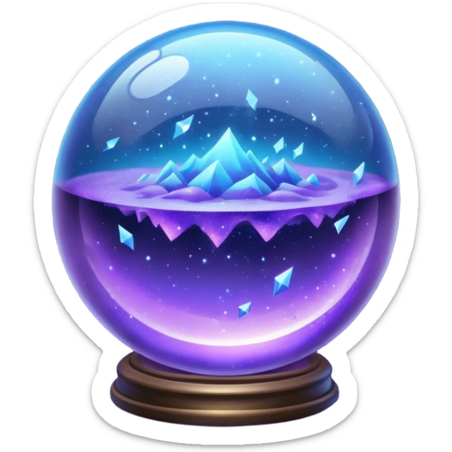 a magical glass sphere filled with flaoted purple and blue dust, glowing, shining 3d sticker
