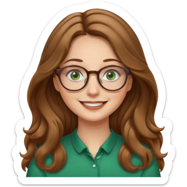long wavy light brown hair woman with green eyes and glasses smiling closed mouth. middle part hair.  sticker