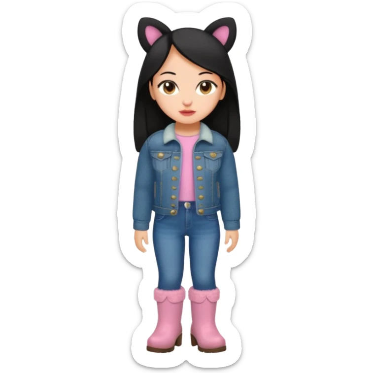 Gordita, ojos pequeños de color cafe oscuro, labios pequeños y rosados, piel trigueña, orejas pequeñas, cabello largo lazio y negro, pequeña. cuerpo completo. vestida con saco de lana jean y botas color café sin orejas sticker
