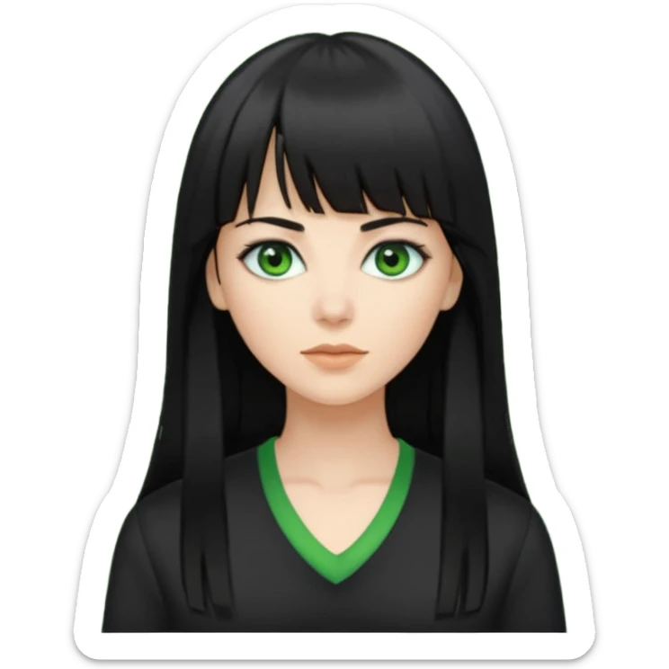 A white woman with Long straight hair with bangs, black hair, green eyes and a black low-cut shirt sticker