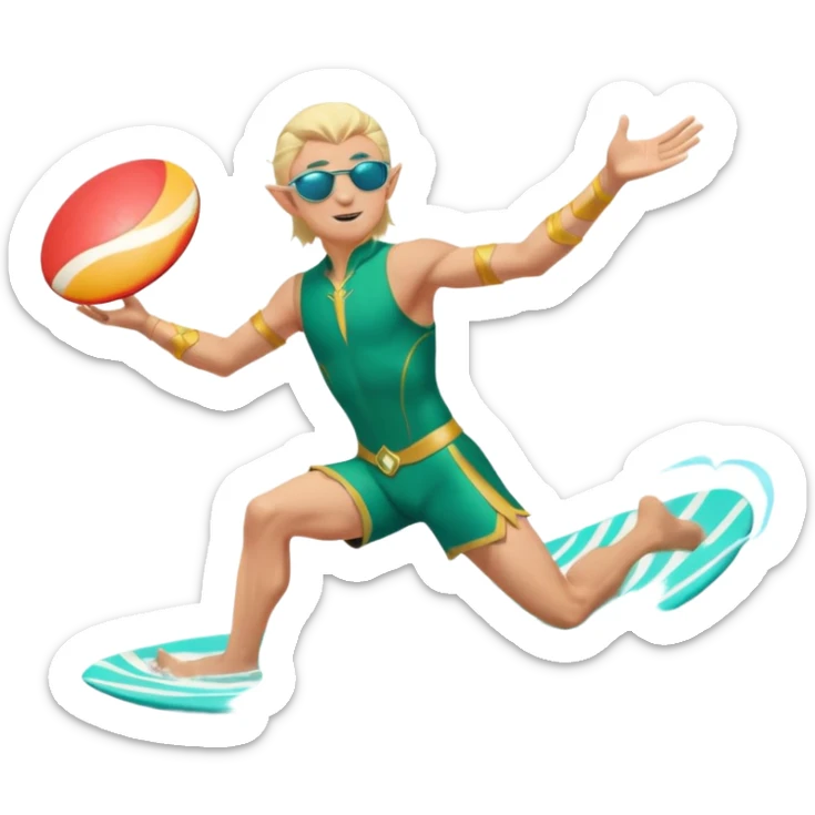 elf male legolas launching a frisbee woven from pure sunlight, wearing sporty teal swim shorts and performance sunglasses, athletic pose, pointy ears, dynamic motion lines, beach sky backdrop, centered emoji sticker