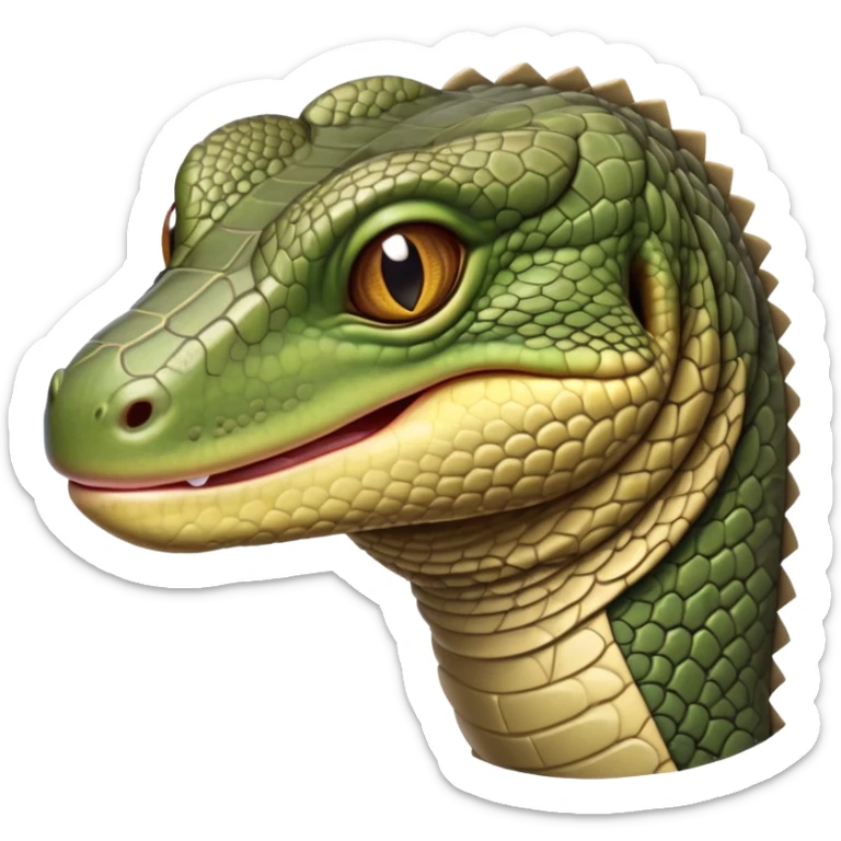 cinematic-realistic-cute-monitor-lizard-portrait-emoji,-head-tilted-playfully-and-inquisitively,-featuring-a-compact,-agile-body-with-finely-detailed,-glossy-scales-in-earthy-olive-hues-and-a-distinct,-alert-face-with-bright,-curious-eyes sticker