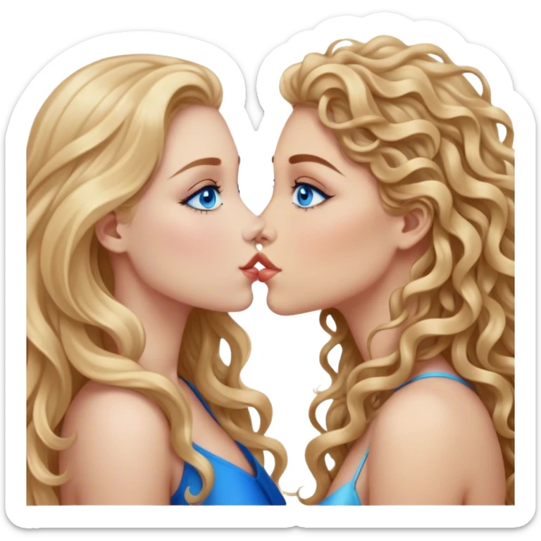 beautiful woman, long curly blonde hair, blue eyes kissing beautiful woman, long straight brown hair, blue eyes,  sticker