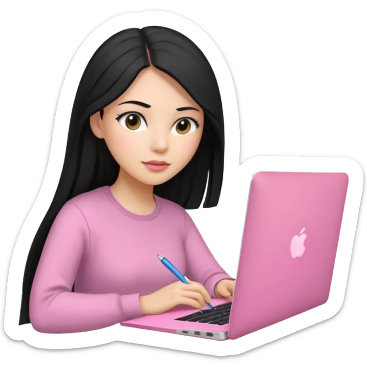 Mujer lacia peli larga y peli larga  en una MacBook rosa investigando y haciendo tareas con un libro de apuntes y con cara muy linda como modelo sticker