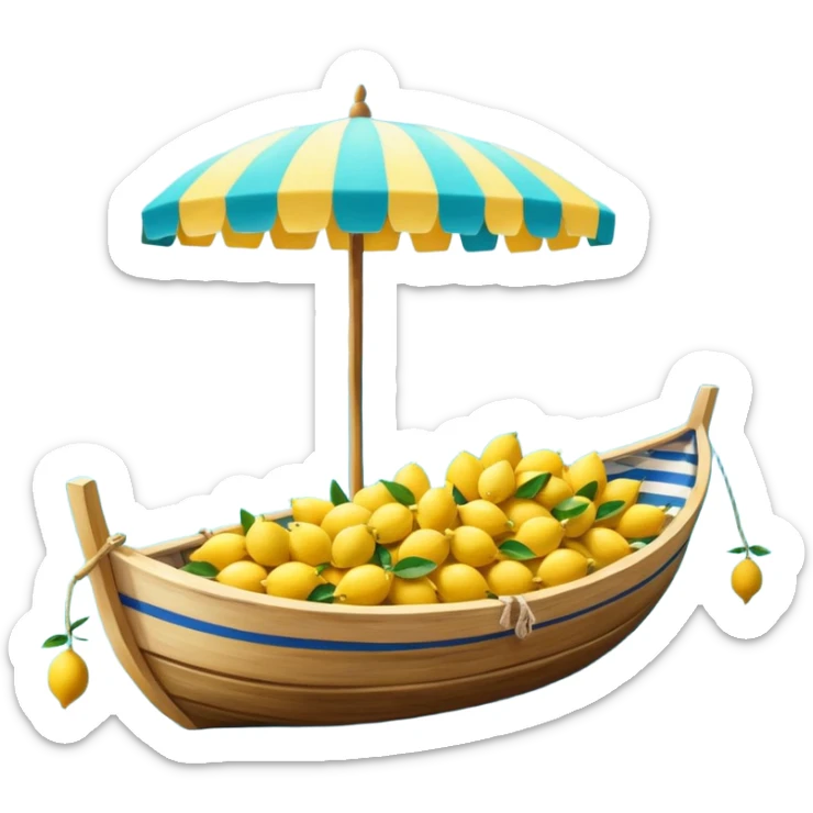 Mediterranean lemon stand by the sea, blue and white striped canopy
Fresh yellow lemons stacked, wooden boats and turquoise water background
Bright sunlight, Italian coastal summer vibe, vibrant colors sticker