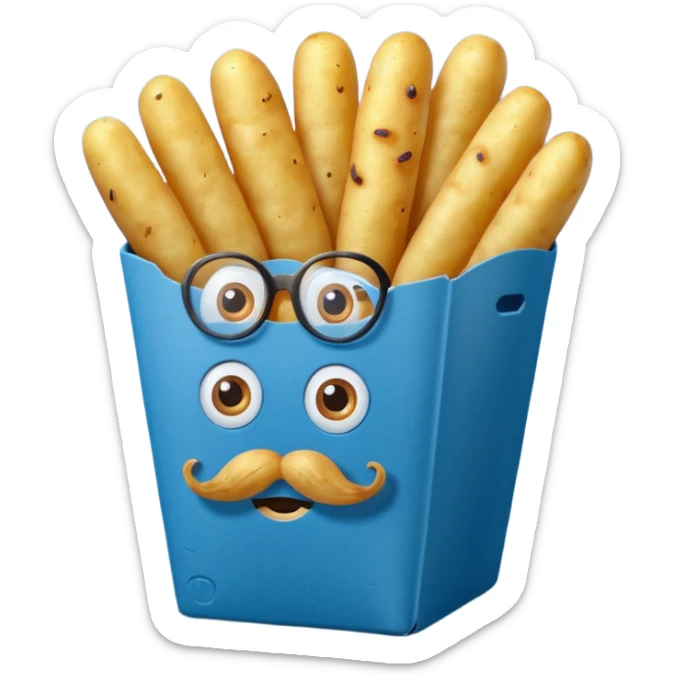 long slim fried potatoes in a blue carton, carton has eyes and mustache sticker