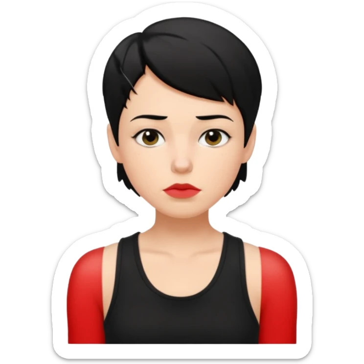 a white woman with short tomboy black hair with mole on top of her lip wearing men's black tank top sticker