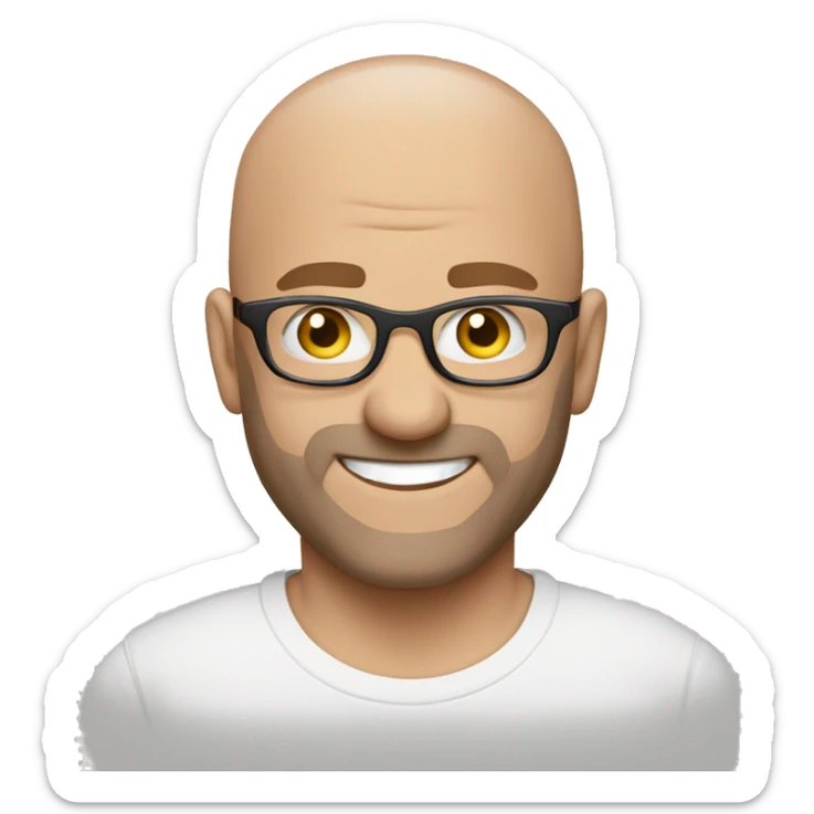 white hazel eyed bald facial hair guy with glasses and white t-shirt smiling sticker