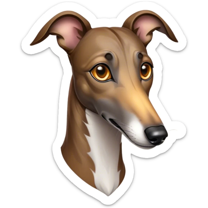 Cinematic Noble Brindle Greyhound Portrait Emoji, Poised and regal, with a slender, aerodynamic build and a refined brindle Fur, deep-set soulful eyes, Simplified yet sharp and sophisticated features, highly detailed, glowing with a soft, dignified glow, high shine, intelligent and agile, stylized with an air of elegance, focused and attentive, soft glowing outline, capturing the essence of a watchful and graceful racer, so majestic it feels as though it could dash out of the screen with effortless authority! sticker