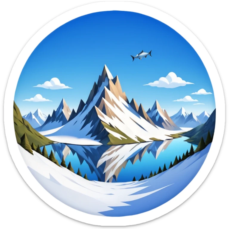 a snowy mountain landscape with jagged peaks and a clear sky, fish eye lens effect sticker