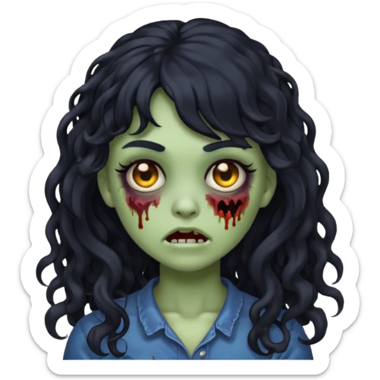 Emoji garota zombie com cabelo preto cacheado longo com franja sticker