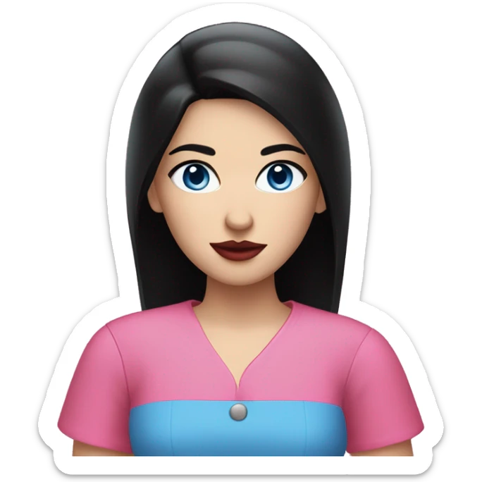 A girl with pale skin, long straight black hair parted in the middle and blue eyes, with bright red lips and a pink shirt  sticker