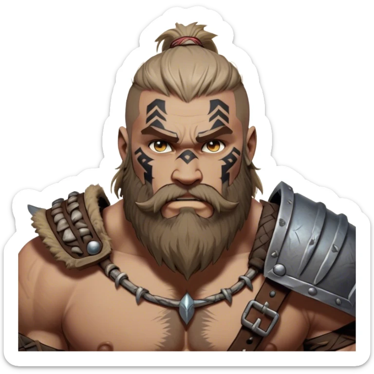 Clash of Clans aesthetic: Cinematic Rugged Barbarian Portrait Emoji, Intense and formidable with a heavily muscled physique, a rugged beard, piercing eyes and battle-worn armor adorned with tribal markings, his complexion a light tan that speaks of hard-fought battles, Simplified yet powerfully detailed features, highly detailed, glowing with a deep, primal energy, high shine, gritty and uncompromising, stylized with an air of raw, untamed power, focused and determined, soft glowing outline, capturing the essence of a barbarian warrior carved by countless battles and poised to lead his clan into epic conflict! sticker
