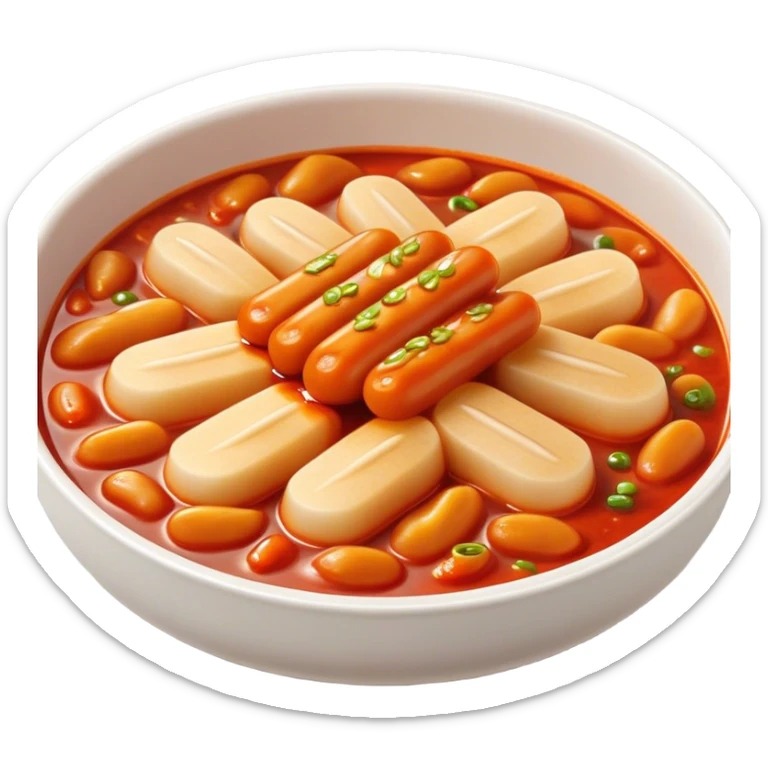 Cinematic Realistic Tteokbokki Dish Emoji, showcasing spicy, chewy rice cakes in a fiery sauce rendered with lifelike detail and bold, dynamic lighting. sticker