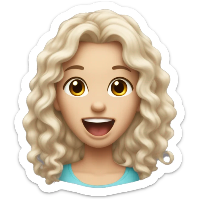 a girl with pale skin, long curly brown hair, sticking her tongue out happily sticker