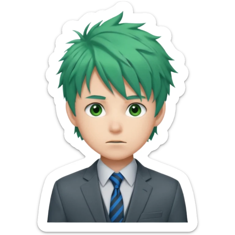 deku : boy anmie green hair green eyes in a ua gray jacket and blue tie suit with frenkles messy hair and black on the bangs sticker