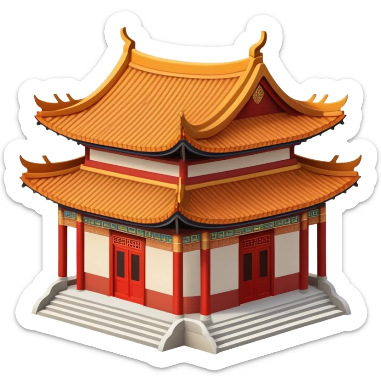 Chinese temple building with curved eaves, decorative roof tiles, traditional style sticker