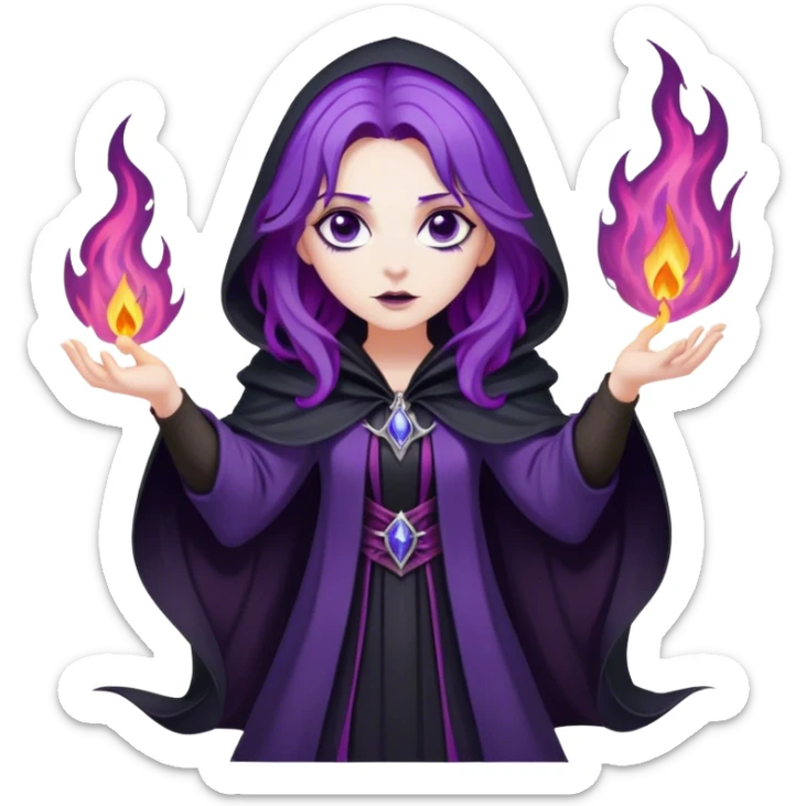 A dark sorceress with wavy purple hair, wearing a black cloak, summoning violet flames sticker