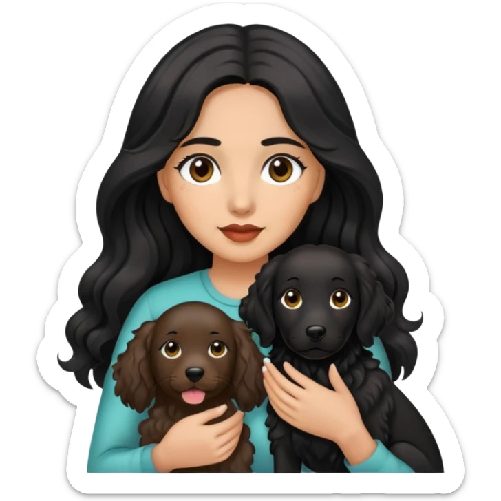 woman with olive skin, brown eyes and long lashes, and long black wavy hair holding all black retriever  sticker