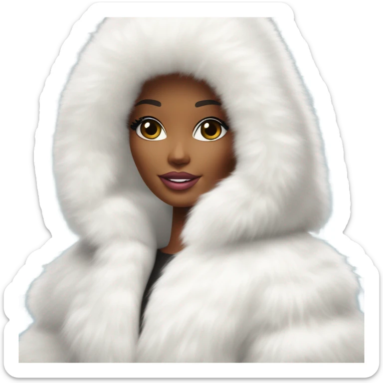 Barbie in an extremely big fluffy oversized white fur coat with hood on. The fur is real and it’s very obvious big and fluffy like in Pinterest  sticker