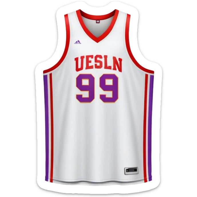 Cinematic Realistic image of a basketball jersey rendered in bold team colors with finely textured fabric and realistic creases, set against an energetic court backdrop with bright, dynamic lighting sticker
