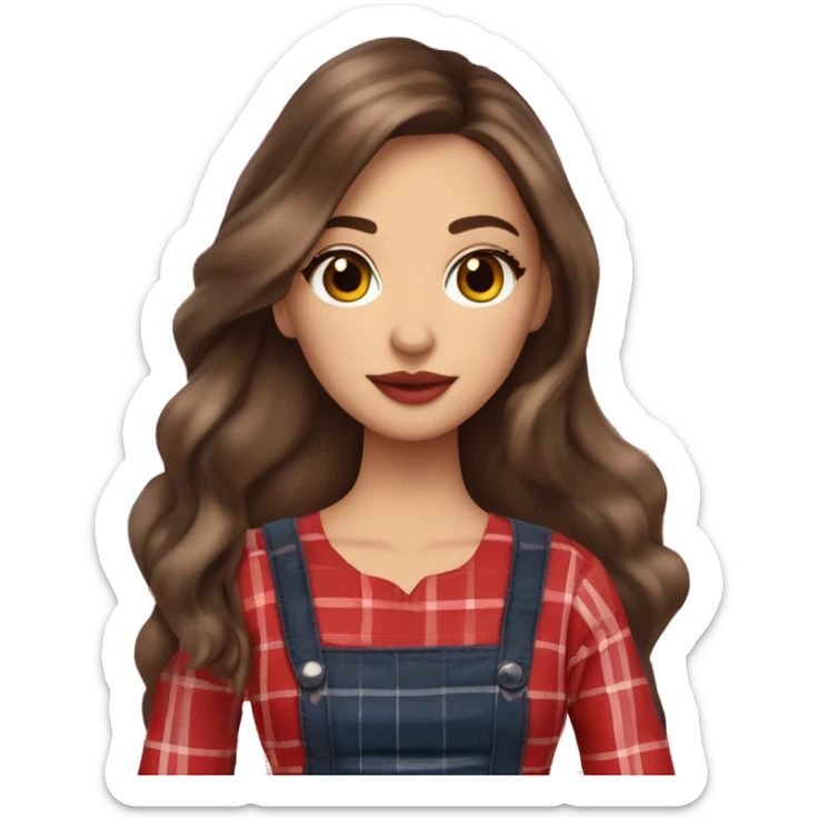 Pretty peach skin brunette woman with doll eyes and long flowing hair and red rosy cheeks in red plaid babydoll dress sticker