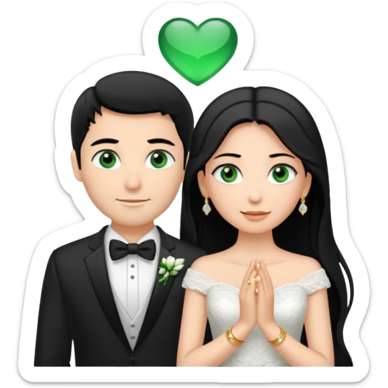 Bride has Black hair and brown eyes Groom has green eyes and brown hair. White gold wedding bands sticker