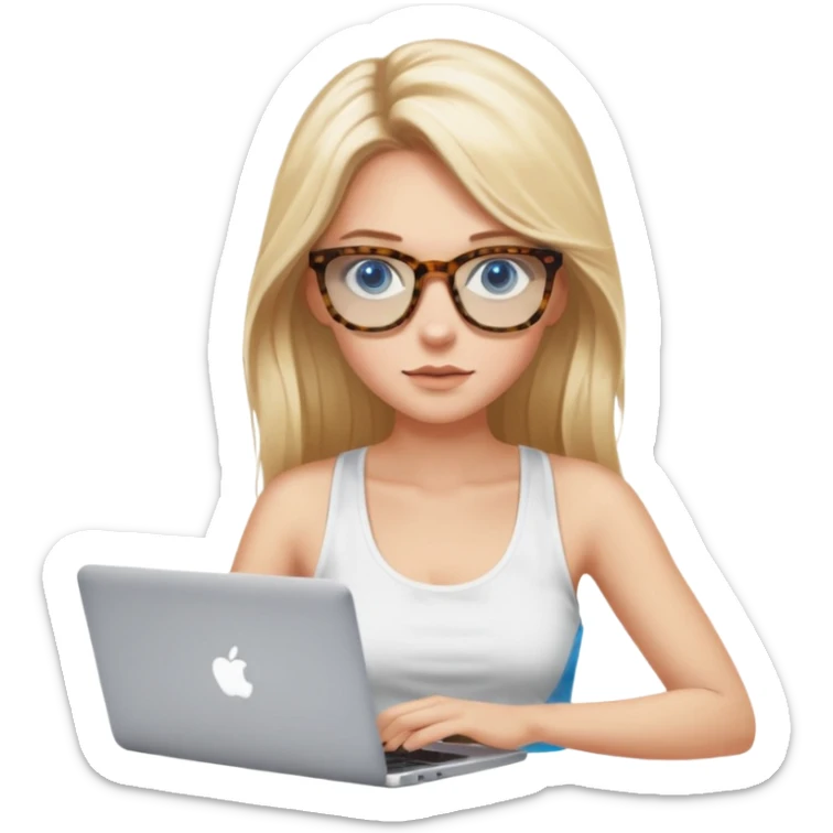 long blonde hair woman blue eyes with tortoise shell print glasses wearing white tank top on mac book  sticker