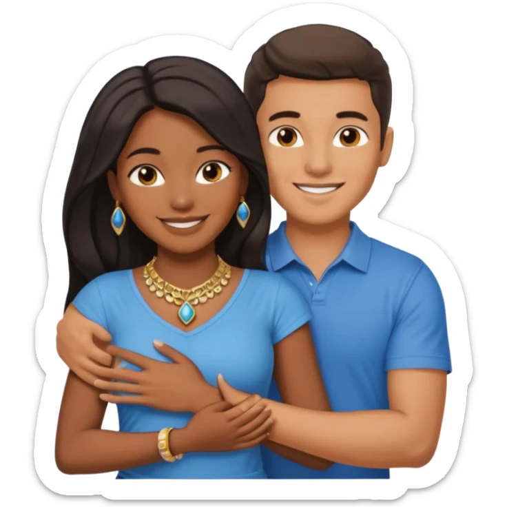 smiling embracing interracial couple from waist up. ebony woman with long hair and jewelry. brazillian man short hair wearing blue. sticker