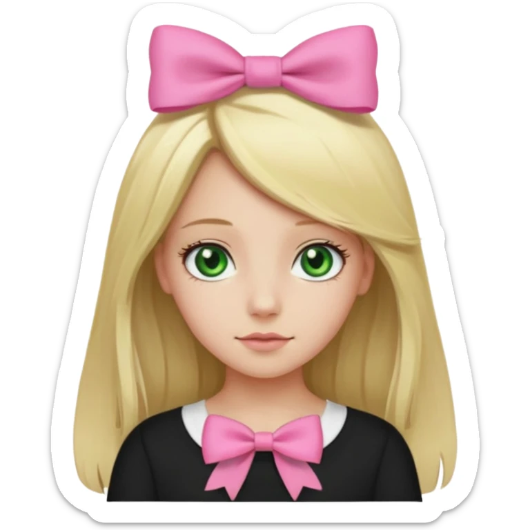 blonde girl middle part long hair , pink bow in hair, plain black top, green eyes. sticker
