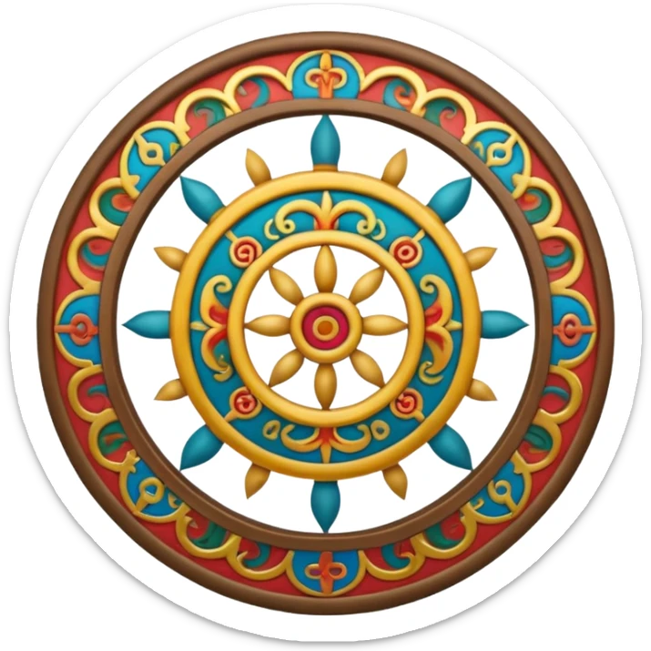 Tibetan Wheel of Life emoji, circular wheel with intricate segments and spiritual motifs, inspired by Tibetan Buddhist art, clear spiritual style sticker