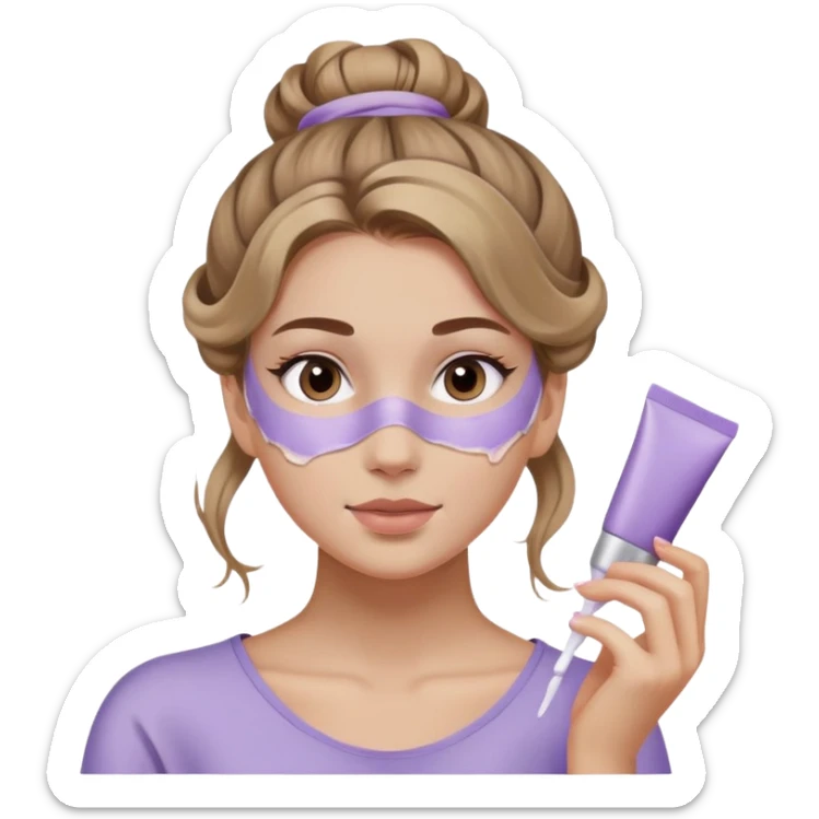 girl with wavy dark blonde hair messy bun applying lilac skincare mask sticker