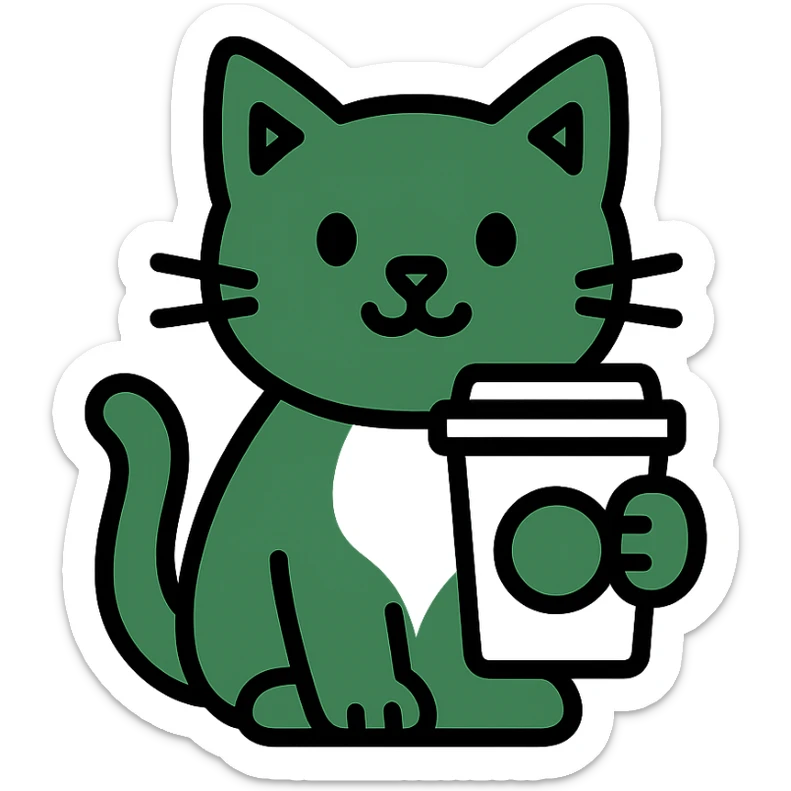 a cat inspired by Starbucks branding, green and white color scheme, holding a coffee cup, clean modern icon style sticker