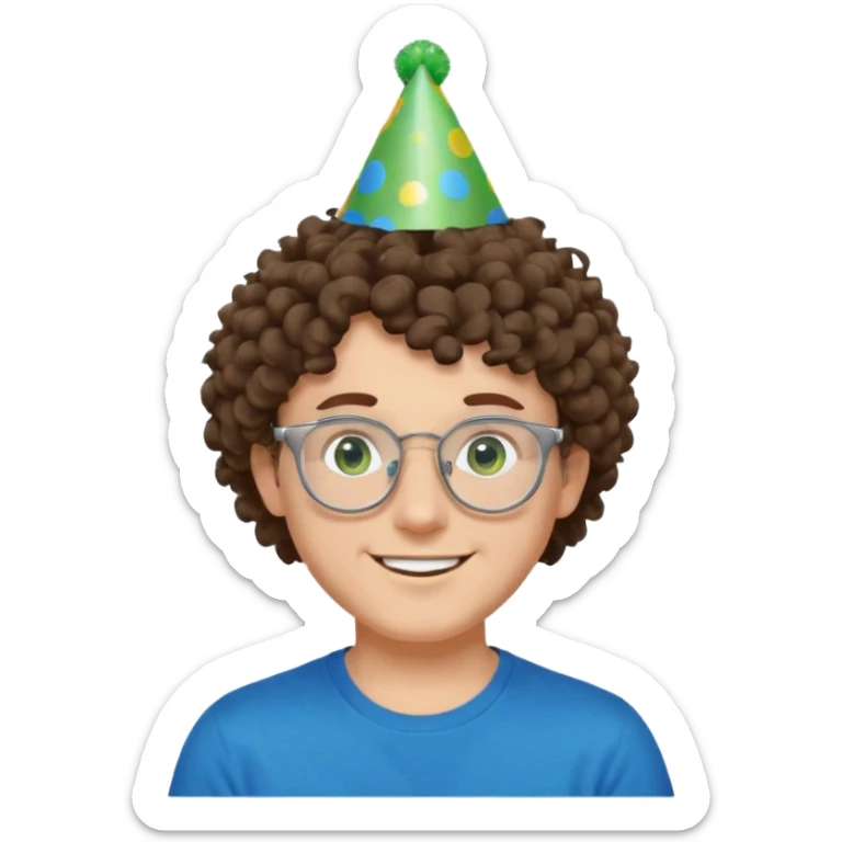 A white guy with curly brown hair and green eyes with a happy face, and wear square glasses.He’s also got a full silver birthday party hat on his head with blue pom poms on top of it, and his T-shirt is all black, he wears a little gold circle earrings on his left  sticker