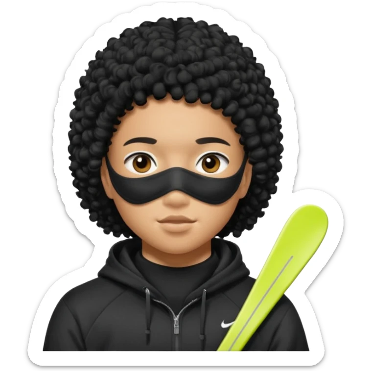 Blasian teenager wearing a hoodie with black curly hair and nike ski mask sticker