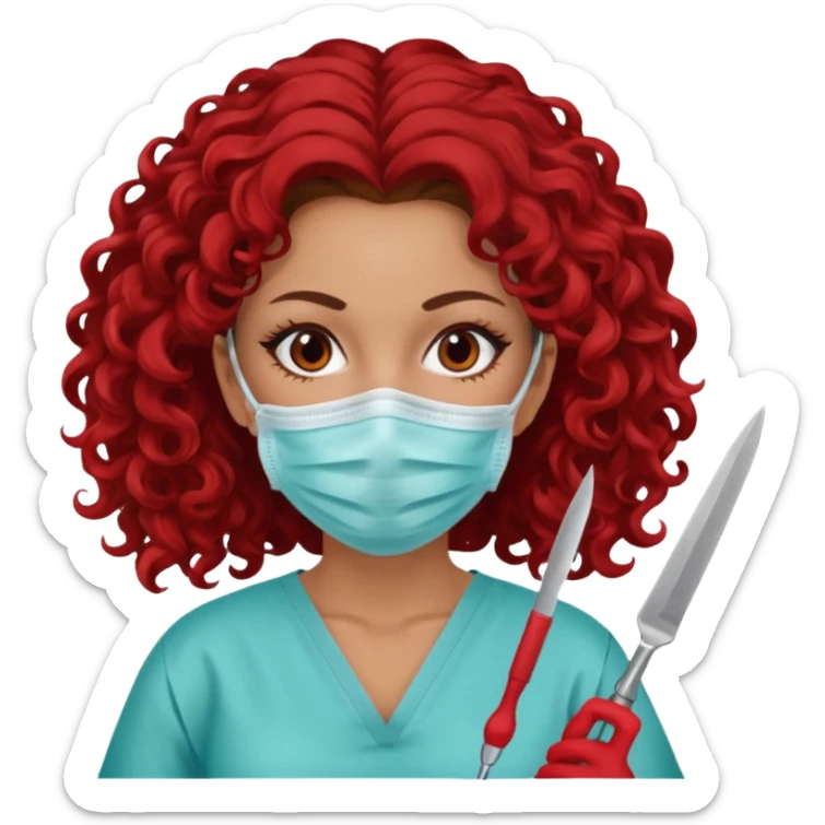 Lilith symbol seductress evil surgeon. curly, long hair. brown hair. Red surgical mask and hair covering. She works for cartel and kills  with a scalpel. sticker