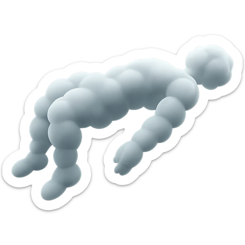 side view of unconscious person flying torso up, legs and arms down, made of small very bright white fluffy convex clouds, matte glass style sticker
