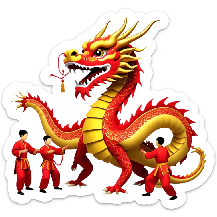 Cinematic Realistic scene of a traditional Chinese Dragon Dance featuring a team of performers skillfully manipulating a colossal, flexible dragon puppet, its intricately detailed, vibrant scales and flowing, embroidered fabric catching the light, set against a festive backdrop of red lanterns and dynamic red-tinged lighting that accentuates the majestic presence of the dragon puppet. sticker
