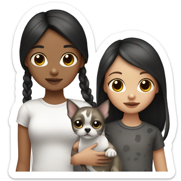 girl with dark brown hair holding a grey and black tabby cat and a white with black spots Chihuahua  sticker