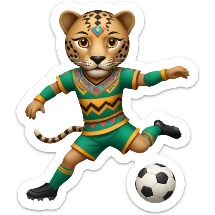 jaguar realista mexicano con vestimenta azteca que juega futbol sticker