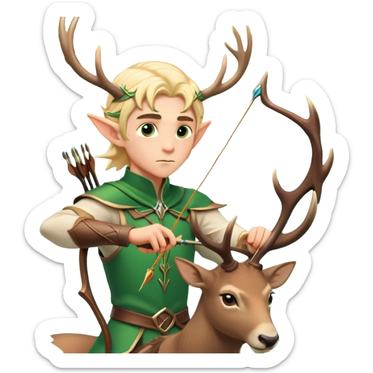clash-of-clans-aesthetic-blond-male elf-archer-portrait-emoji, rendered in a flat, vector-style with minimal shading and bold holding his bow, simplified shapes, head tilted slightly forward with a determined, focused expression, riding a majestic stag whose antlers glow with mystical energy, set against an ancient, enchanted forest backdrop. sticker