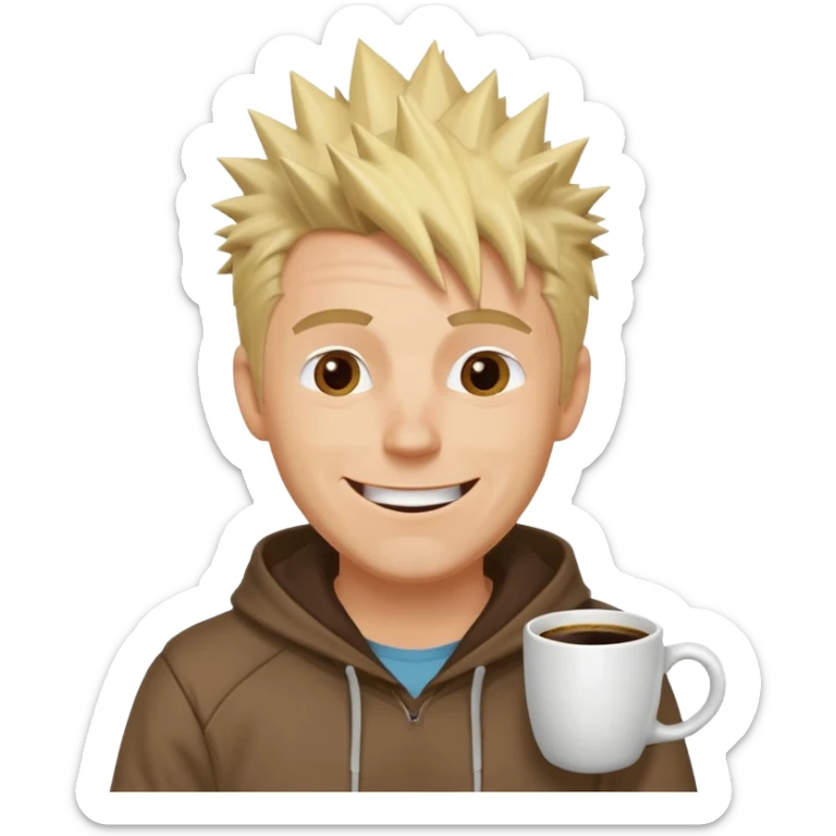 A spiky-haired blonde guy in his 40s with laugh lines, a coffee-stained hoodie, and the confident smirk of someone who's seen some things but is still having the time of his life. sticker