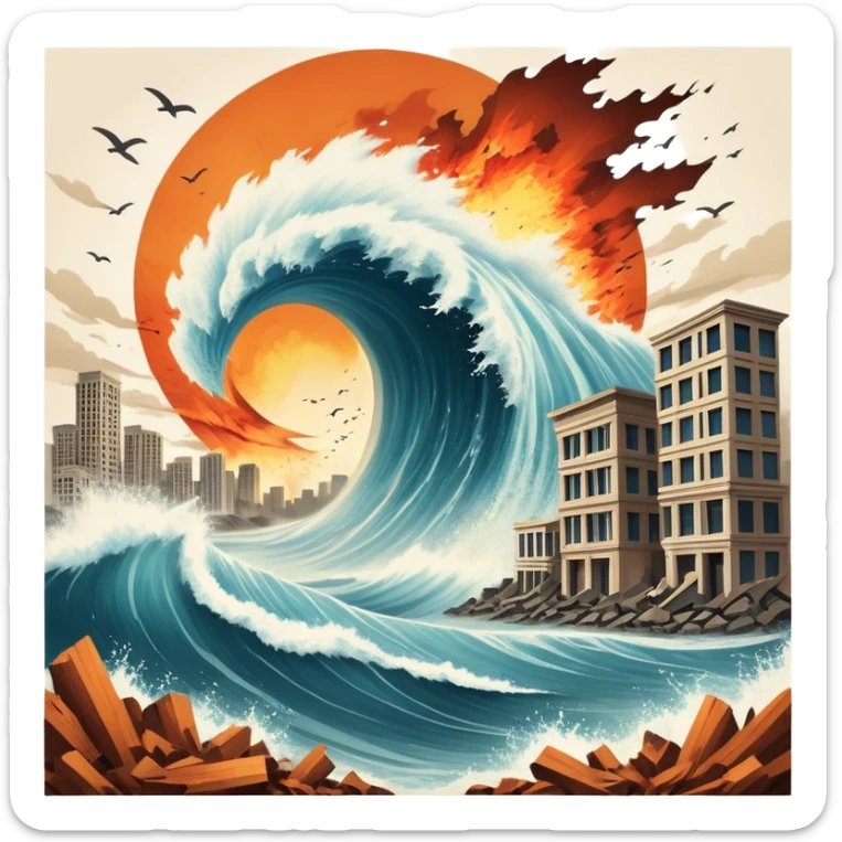 A vintage movie poster-style design with a dramatic scene of a natural disaster like an earthquake, tornado, or tsunami. Include crumbling buildings, flying debris, and fiery explosions. The background should be chaotic, with a cinematic, apocalyptic vibe. Transparent background. sticker