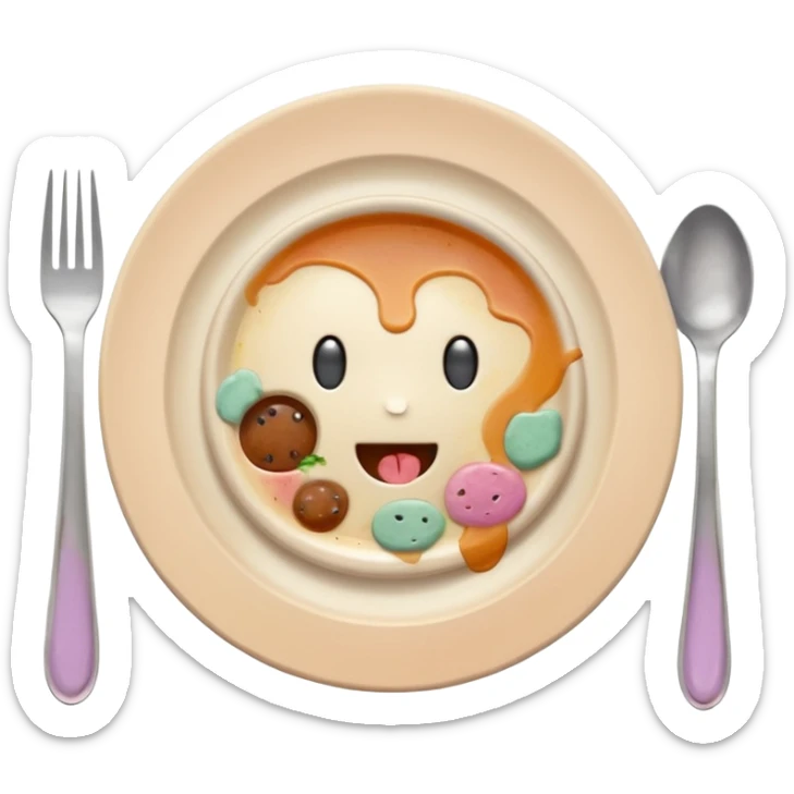 of a dirty plate after eating, leftover food scraps, sauce stains on the plate, small fork and spoon resting on the plate, slightly messy but funny, soft pastel colors, rounded shape, clean background, kawaii style, expressive and playful, high quality, emoji style sticker
