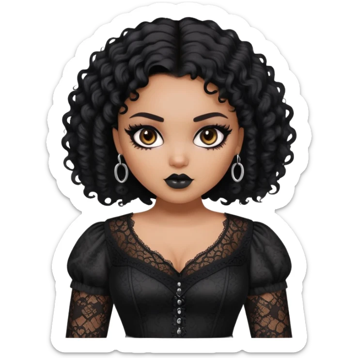 pretty bratz girl, fat pluz size, black curly short hair, brown eyes, black eyeliner, black skin, gothic lace clothes sticker
