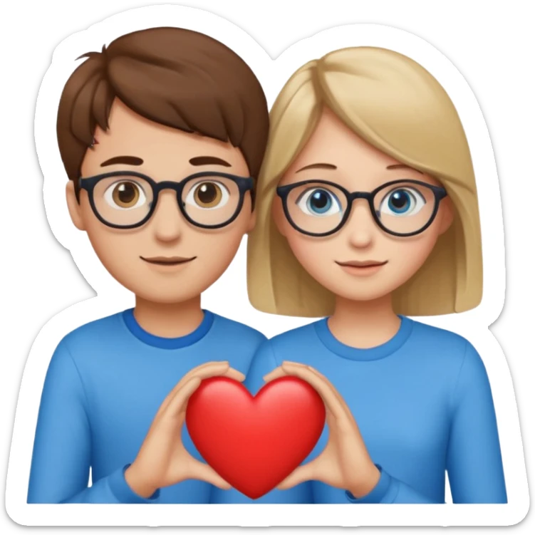 two young lovers, a heart in the middle, boy with brown hair and glasses, girl blonde with blue eyes, emoji style sticker