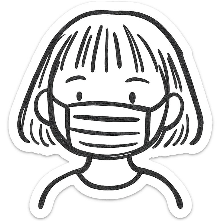 Old girl wearing medical mask with bangs and short hair, hair color brown sticker