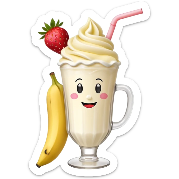 Milkshake vanilla with a banana sticking out of the milk shake it and two strawberries on both sides of the banana at the very tip of the banana, whipped cream and a smiley face sticker