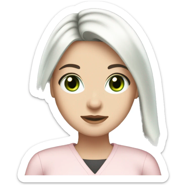 A pretty white girl with very long black hair and green eyes working in a light pink work attire sticker